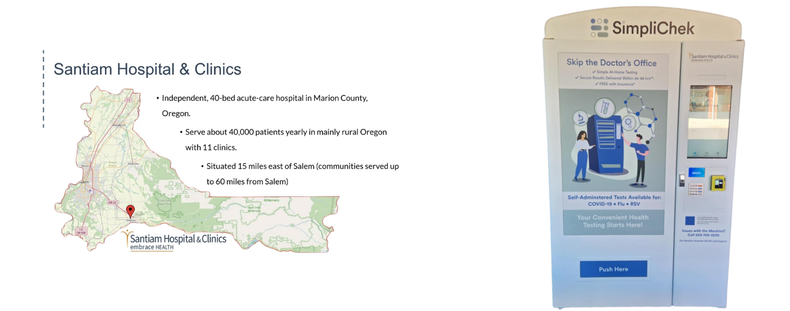 Map of Marion County Oregon highlighting Santiam Hospital and Clinic, where the SalivaDirect pilot program was conducted and SalivaDirect vending machine utilized in the pilot program