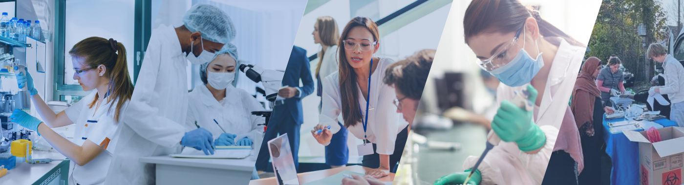 Collage of images showing scientists working with pipettes, examining samples, talking with one another, handling equipment, and participating in an outdoor outreach event